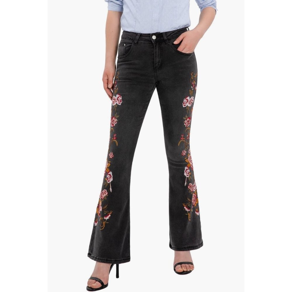 Gray Wash Floral Embroidered Patch High Waisted Flare Bell Bottom Denim Jeans - Picture 3 of 7